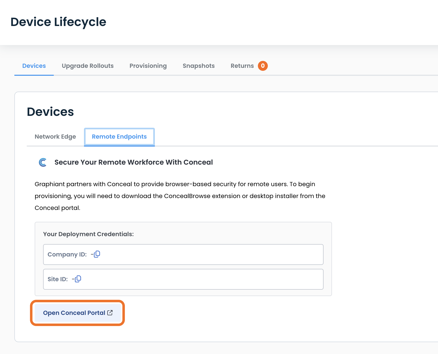 Instructions for accessing the Conceal portal and entering deployment credentials.